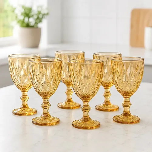 Jogo 6 Taças De Vidro Âmbar Diamond 300ml Para Água Vinho Suco Conjunto De Taças Bico De Jaca Elegante Para Mesa Posta Jantar Servir Buffet Tattoo  Style
