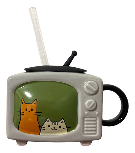 Tazón Taza Televisor Antiguo Gatos Con Bombilla 3d 400ml