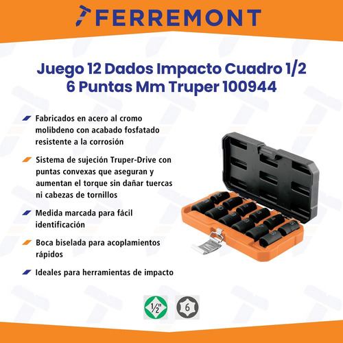 Juego 12 Dados Impacto Cuadro 1/2 6 Puntas Mm Truper 100944