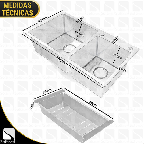 Cuba Dupla Gourmet Cozinha Inox 304 Anti Risco Nano PVD Escovada 78x43 cm Completa Com Acessórios Soft Inox