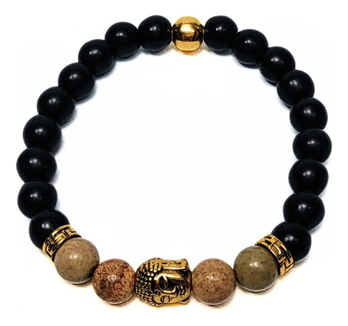 Pulsera De Hombre Jaspe Madera + Dije Buda Oro Antiguo