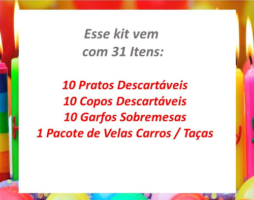 Kit Festa Carros 31 Itens Prato Copo Garfo Vela Papel Cores