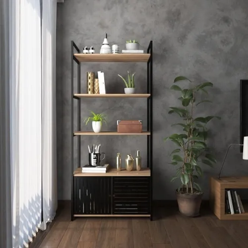 comprar Estante Retro Com 4 Prateleiras Em Madeira E Portas De Ferro Vazadas: Estilo Vintage Para Um Toque Único Em Seu Ambiente