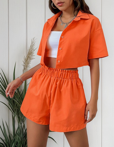 Conjunto De Camisa De Manga Corta Y Pantalones Cortos De Muj