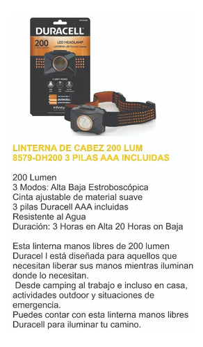 Imagen 2 de 5 de Linterna Duracell De Cabeza O Minero 200 Lum Dh200 Inc Pilas
