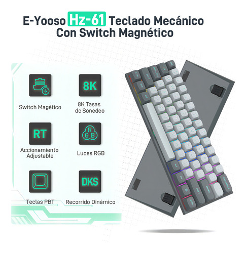 Teclado mecânico magnético programável profissional e-YOOSO 60% Rgb Hz-61, interruptor magnético com ação programável, operação Rt e Dks, teclado programável para jogadores em inglês ideal para jogos