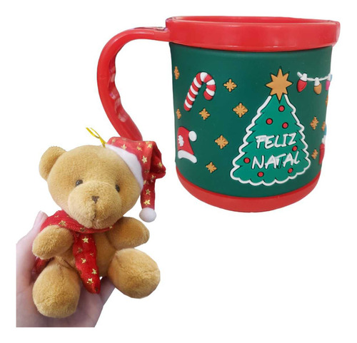 Caneca Natalino 200ml + Urso De Pelucia Enfeite Árvore Natal Cor Verde Árvore