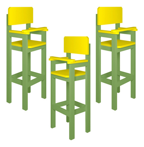 Kit 3 Cadeiras Alta Refeição Infantil Mdf Verde/amarelo