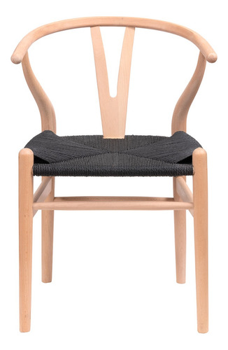 Silla De Comedor Madera Rattan Nórdico Diseño - Wishbone Estructura de la silla Natural - Asiento Negro