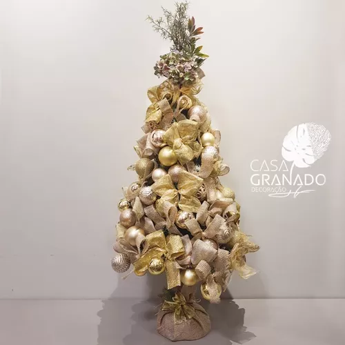 Árvore De Natal Completa Decorada Dourada Pronta P Uso 70cm - R$ 600,88