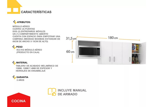 Módulo Aéreo Cocina 1,8 Mts Casalista®