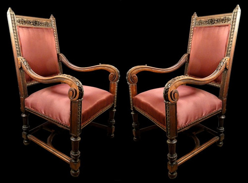 Antiguo Par Sillones Luis Xiv Madera Nogal Talladostapizado