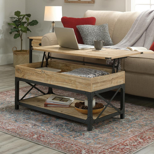 Mesa De Centro Con Tapa Elevable De Roble Al Carbono Color Café claro
