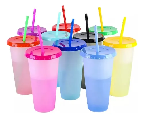 20pzs Vasos Magicos Cambian De Color Con Tapa Y Popote 710ml