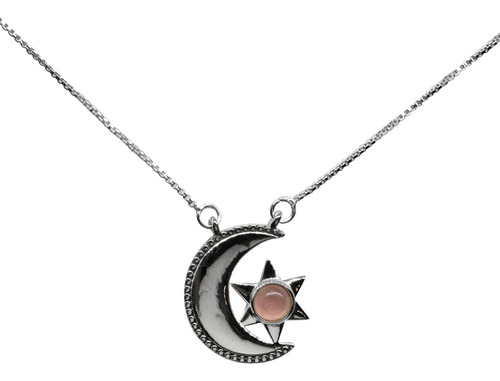 Collar De Plata 925 Luna Y Estrella Con Piedra Cuarzo Rosa