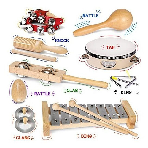 Pandero Con Xilofono Maraca De Madera Para Niños Juego 15 Pz
