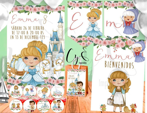 Mini Kit Imprimible Cenicienta Acuarela + Inv Digital