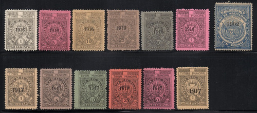 El Salvador 13 Estampillas De Timbre De 1902, 1916 Y 1917