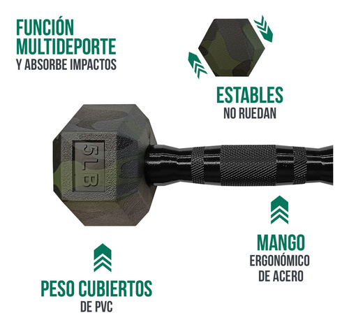 Par Mancuernas Hexagonales Pvc 5lb Tayga Camuflaje (2.3 Kg) Color Negro
