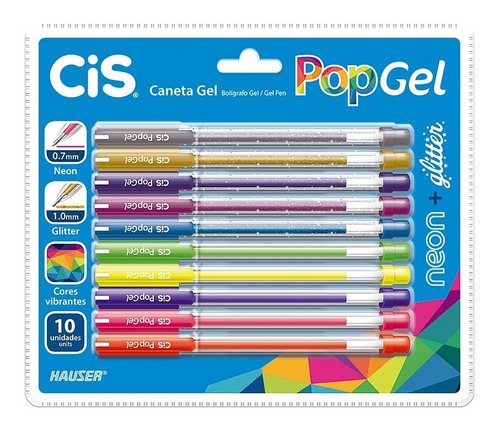 Imagem 1 de 7 de Kit Caneta Gel Pop Gel Neon + Glitter Cis 10 Cores Oferta!