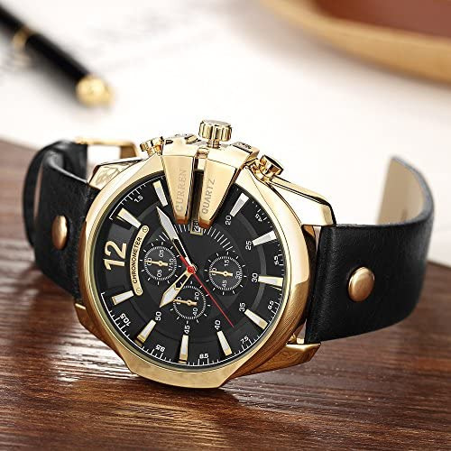 RelĂłgios Masculinos Luxo Data Ouro Pulseira De Couro Moda M
