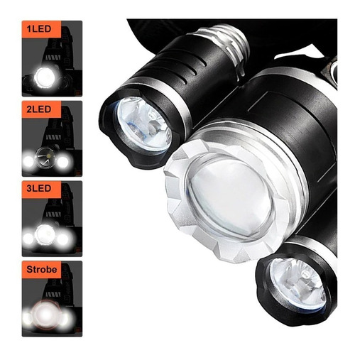 Imagen 3 de 10 de Linterna Led Recargable Minero Vincha 3 Cree T6 Usb 12v