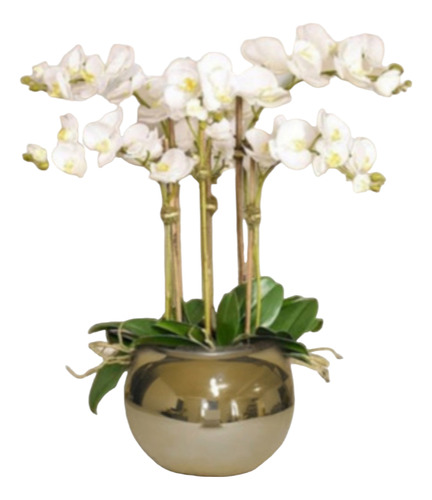 Arreglo De Orquídeas Tacto Natural Artificiales, Base Dorada