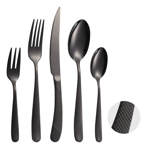 A·houseware 20 Piece Hammered Flatware Set Black Stainless