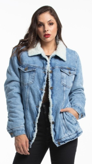 jaqueta jeans feminina com pelo de carneiro