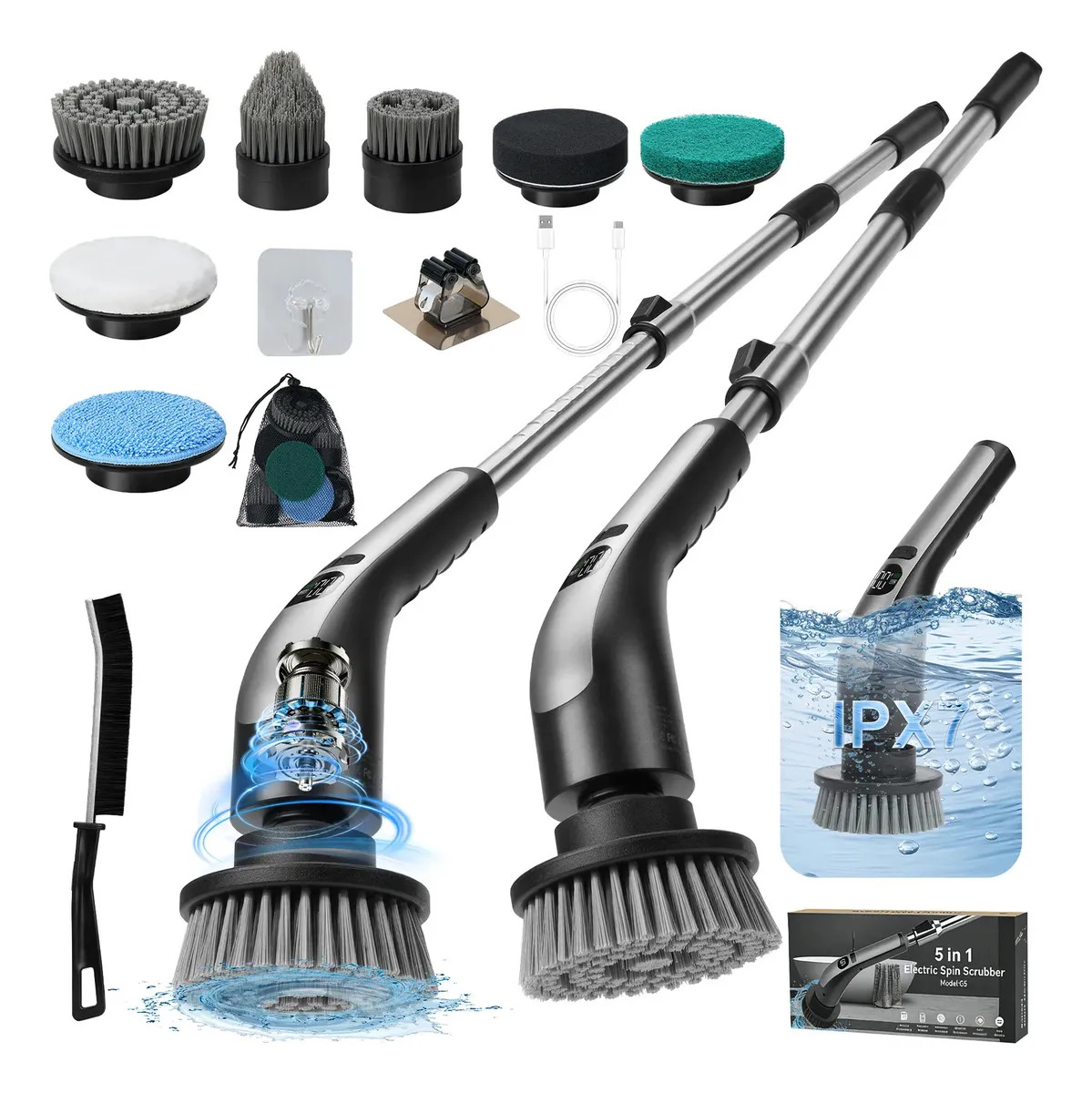 ZIVOR Cepillo Eléctrico para Baño, Depurador Giratorio IPX7 con Bolsa de Malla, Mango 30-127 cm, 7+1 Cabezales (Incl. Cepillo Grietas), 2 Velocidades para Pared y Azulejos