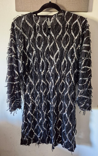 Vestido Zara M Negro Con Flecos De Lentejuelas Plata Fiesta