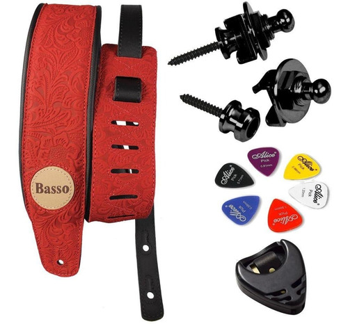 Correia Guitarra Violão Baixo Basso Couro Floral Vermelho Kt