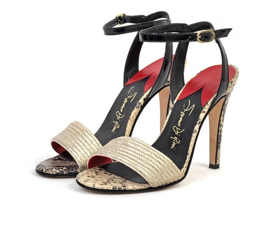 Sandalias Zapatos Dorados Negro Snake Print Saverio Di Ricci