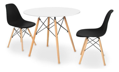 Kit Mesa Jantar Eiffel 90cm Branca + 2 Cadeiras Eames Eiffel Cor Preto