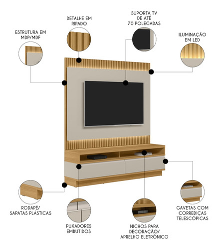 Painel P/tv 70 Pol E Rack Bancada 180cm L06 Tauari/off Fosco