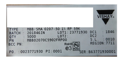 Resistencia Vishay Mbb/sma0207 22 Ohm 500 Unidades