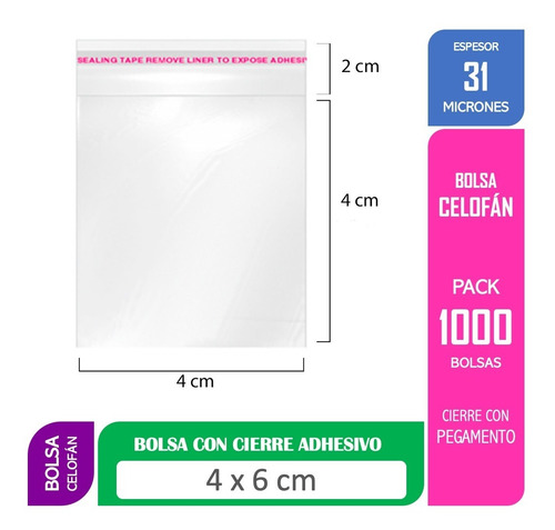 Imagen 1 de 6 de Bolsa Tipo Celofán Cierre Con Adhesivo 4x6 Cms 1000 Unds
