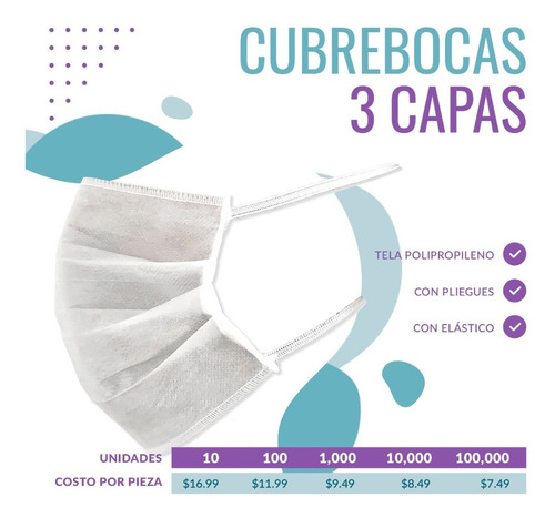 100 Cubrebocas 3 Capas A Msi - Bolsa 10 Piezas - Elástico