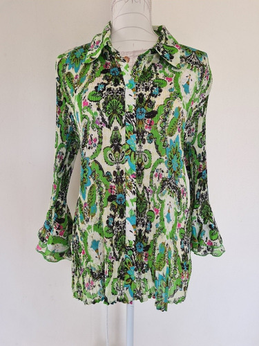 Essentials Camisa Verde Floreada Manga Larga Mujer Xl