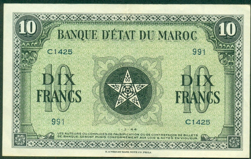 Marruecos Billete 10 Francos 1.3.1944 Emisión Para La Wwii