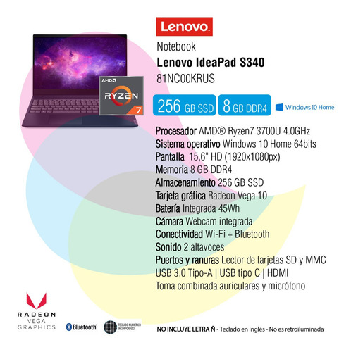 Imagen 10 de 10 de Notebook Lenovo Ideapad S340 Amd Ryzen 7 8gb 256gb Ssd Win10
