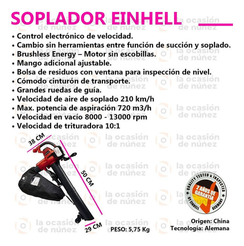 Imagen 2 de 8 de Soplador Aspirador Triturador Inalambrico Einhell Gecl36/230
