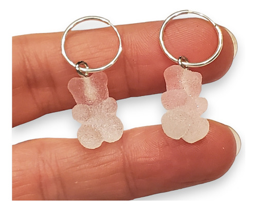 Aros Plata 925 Argollita 0so Osito Yummi Rosa Claro