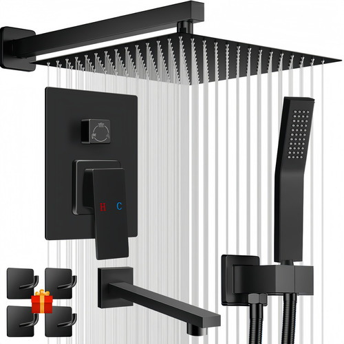 Sistema de Ducha Mumian 226BK Regadera Cuadrada Mate Tipo Lluvia Cabezal de Mano Alta Presión Color Negro