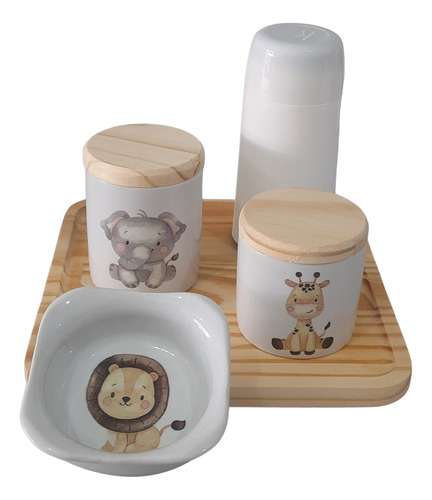 Kit Higiene Bebê Safari 5 Pçs - Peças Porcelana E Pinus