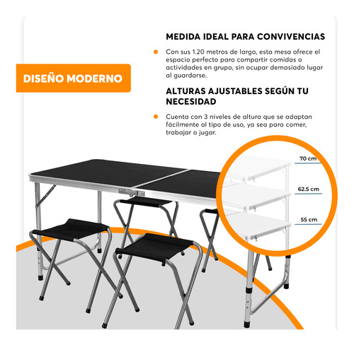 Mesa Plegable Tipo Portafolio 120cm 4 Sillas Negro Negro