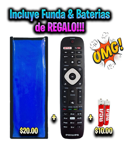 Imagen 2 de 10 de Control Remoto Philips Smart Tv Netflix Youtube + Funda Pila