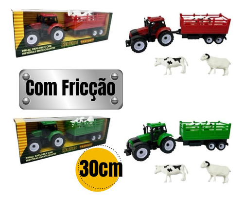 Trator Carrinho Fricção 30cm + Animais Fazendinha Brinquedo