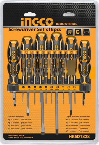 Juego De 18 Destornilladores Punta Plana Ingco