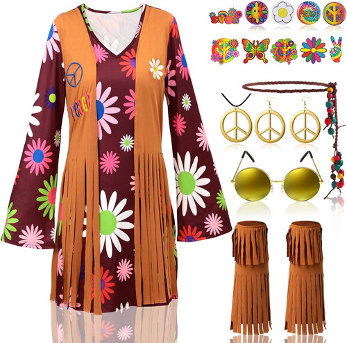 Hotop 18 Uds 60s 70s Mujeres Hippie Disfraz Conjunto Hippie 